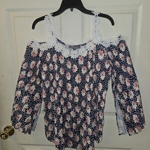 Kate & Mallory Navy and Pink Floral Off-Shoulder Blouse Sz L